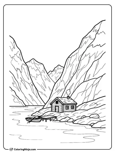 Norwegian Fjord Mountain House Coloring Page