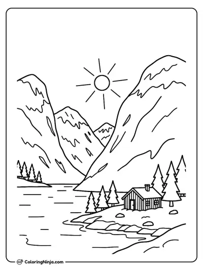 Norwegian Fjord and Wooden Cabin Coloring Page