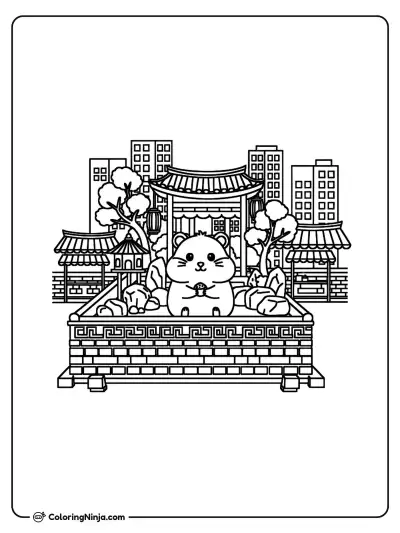 Hamster in a Korean Rooftop Garden Coloring Page