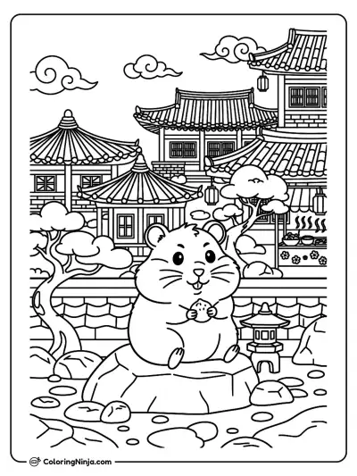 Hamster in a Korean Rooftop Garden Coloring Page
