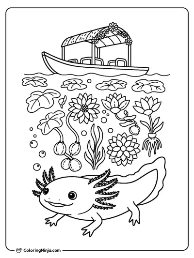 Underwater Axolotl in Xochimilco Coloring Page