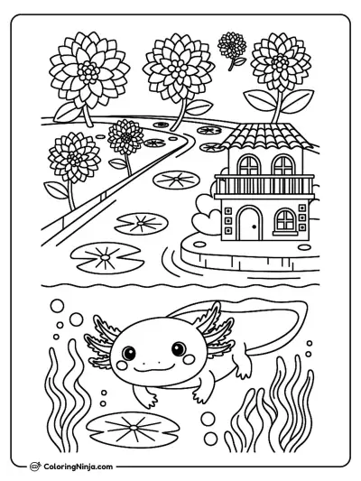 Mexican Water Garden With Axolotl Coloring Page