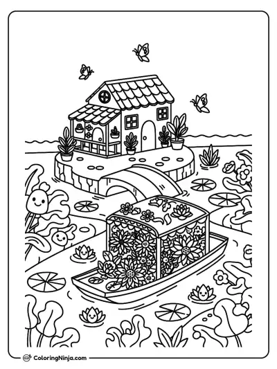 Mexican Floating Garden Canal Coloring Page