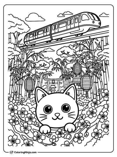 Cat in a Japanese Bamboo Garden Coloring Page