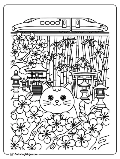A Cat in Japanese Cherry Blossoms Coloring Page