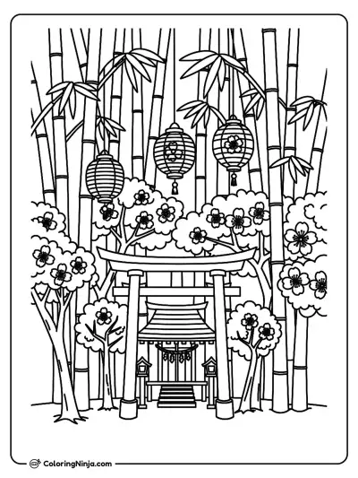 Japanese Garden With Cherry Blossoms Coloring Page