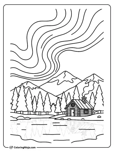 Canadian Lake And Northern Lights Coloring Page