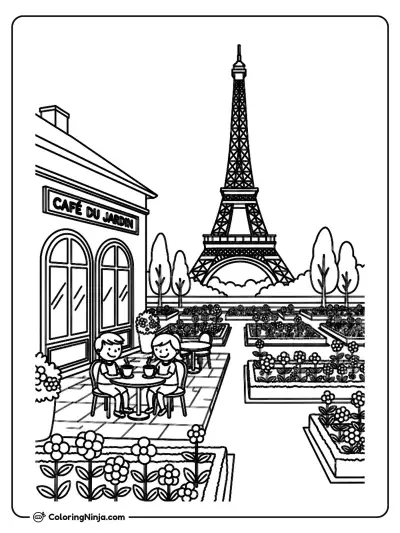 French Garden Cafe Near Eiffel Tower Coloring Page