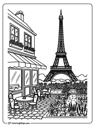French Cafe with Eiffel Tower Coloring Page