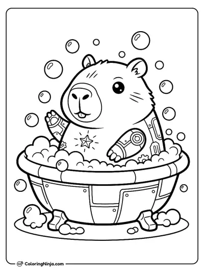Kawaii Robot Capybara Bubble Bath Coloring Page