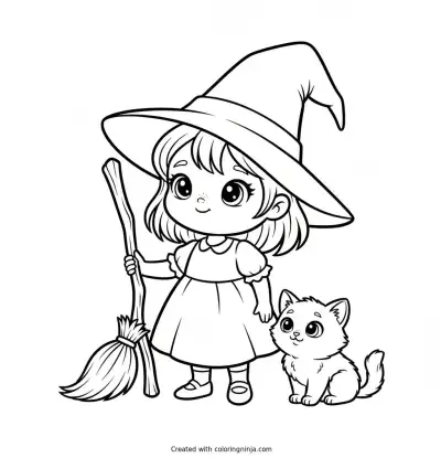 Little Witch and Black Cat Coloring Page
