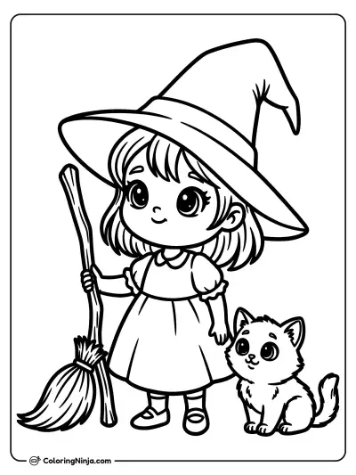 Little Witch and Black Cat Coloring Page