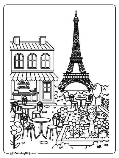 French Garden Cafe Near Eiffel Tower Coloring Page