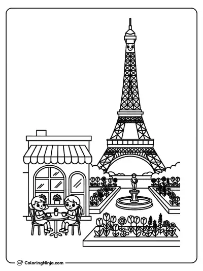 French Garden Cafe Near Eiffel Tower Coloring Page