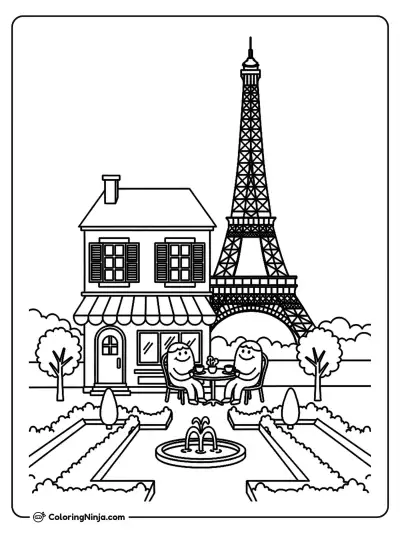 Little French Cafe and Eiffel Tower Coloring Page