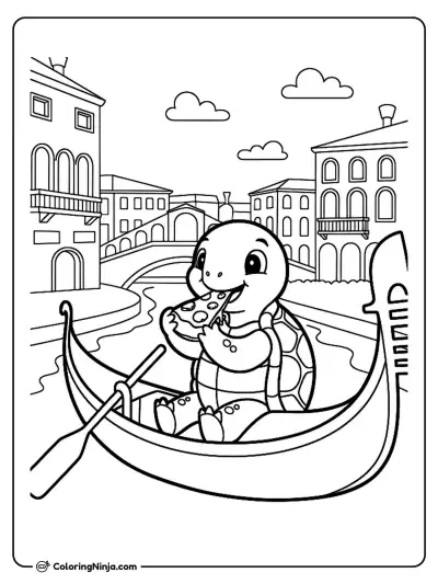 Turtle Eating Pizza on Venice Gondola Coloring Page