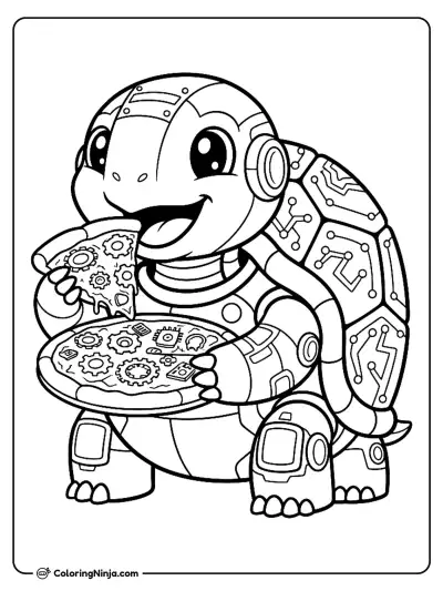 Cute Kawaii Robot Turtle Eating Pizza Coloring Page