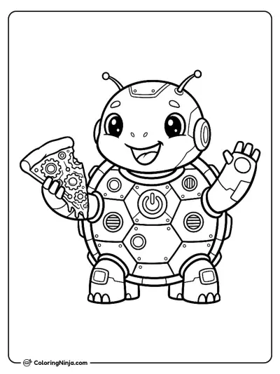 Kawaii Robot Turtle Eating Pizza Coloring Page