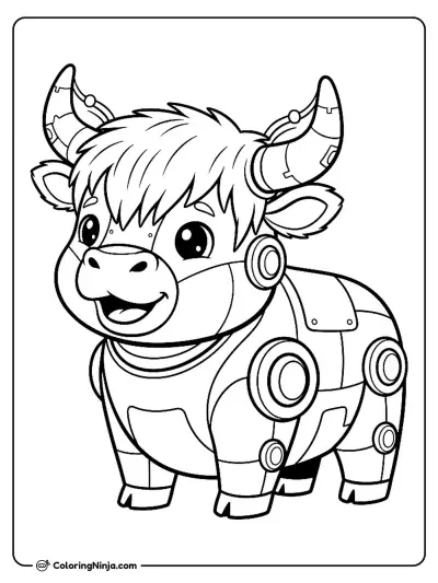 Kawaii Highland Cow Robot Coloring Page