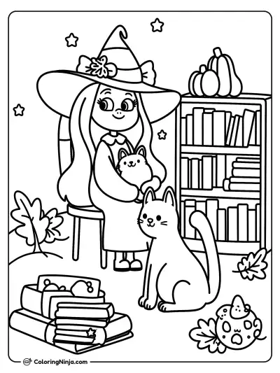 A Cute Witch and Her Cat Coloring Page