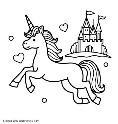 A coloring page of A unicorn flying with a castle in the background
