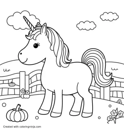 A coloring page of unicorn on a unicorn farm