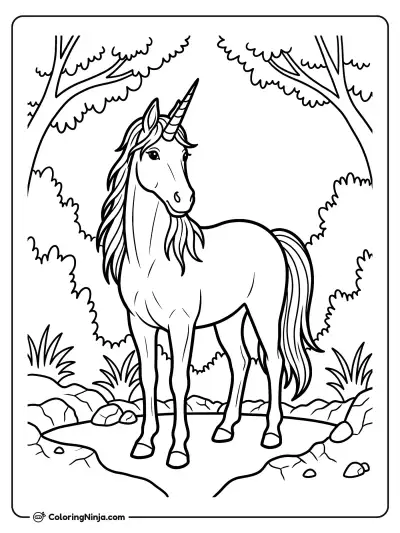 Unicorn in a Forest Landscape Coloring Page