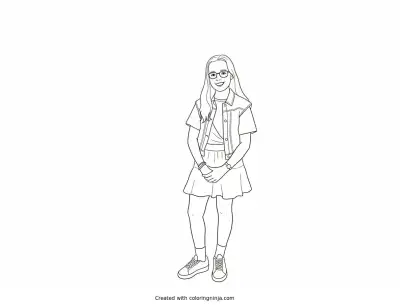 A coloring page of Upside-Down Girl in a Dress and Vest