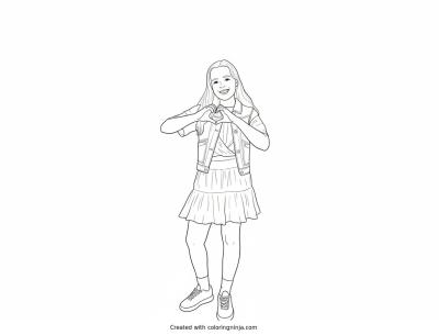 A coloring page of Upside-Down Girl Making Heart with Hands