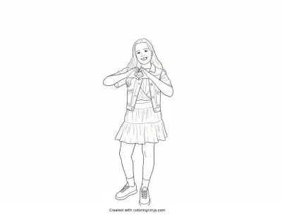 A coloring page of Upside-Down Girl Making Heart with Hands