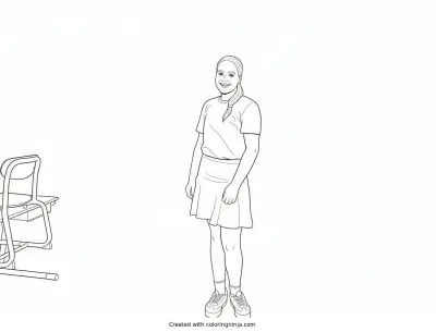 A coloring page of Upside-Down Girl in a Schoolroom