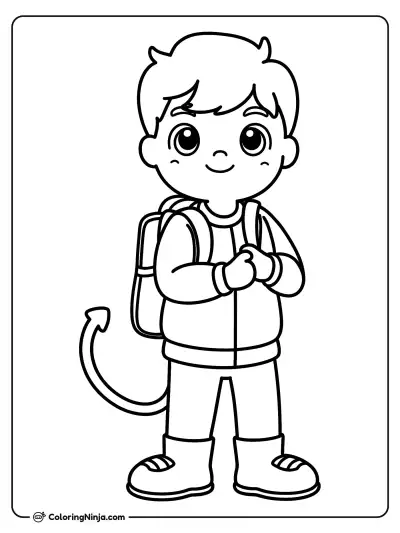 Niño con mochila y cola de diablo