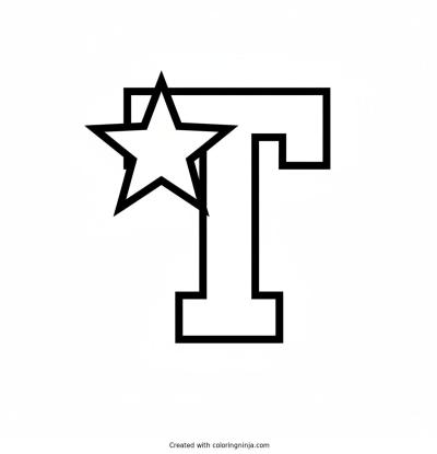 A coloring page of Varsity letter style initial T decorated with a star
