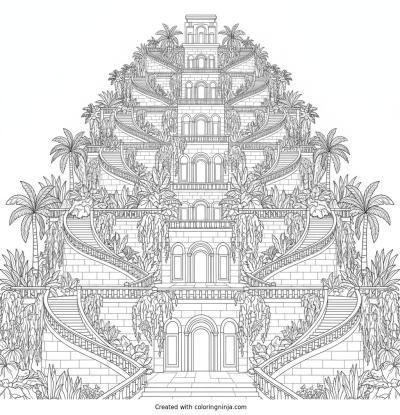 A coloring page of Vector line drawing coloring page, a grand Babylon-inspired royal palace entirely built as layered hanging gardens, symmetrical terraces, staircases, arches, and cascading vegetation, clean bold outlines, white background only.