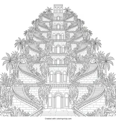 A coloring page of Vector line drawing coloring page, a grand Babylon-inspired royal palace entirely built as layered hanging gardens, symmetrical terraces, staircases, arches, and cascading vegetation, clean bold outlines, white background only.