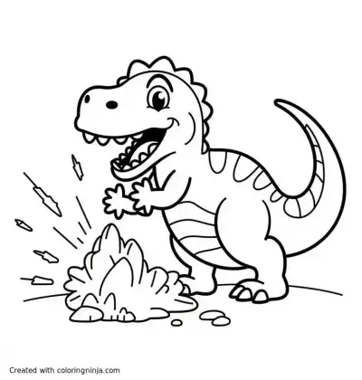A coloring page of A very scary dinosaur breaking a rock with its fists. the rock is exploding