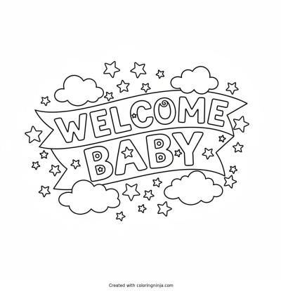 A coloring page of Welcome Baby banner with stars and little clouds to color in