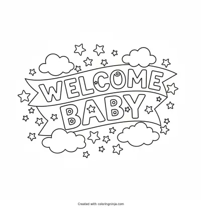 Welcome Baby Stars and Clouds Coloring Page