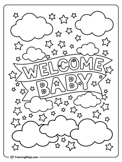 Welcome Baby Stars and Clouds Coloring Page