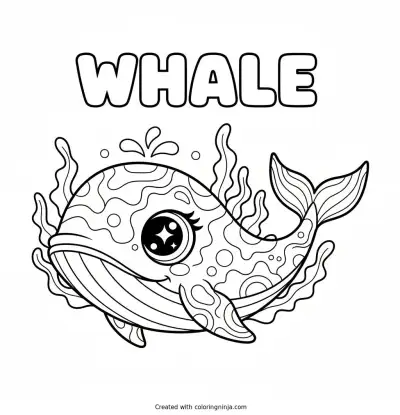 Sparkly Eyed Whale with Seaweed Coloring Page