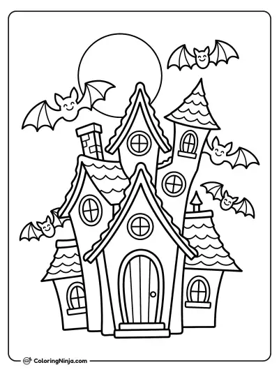 Haunted House and Bats Coloring Page
