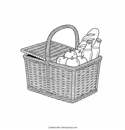 A coloring page of A wicker picnic basket filled with fresh apples, bread, and two juice bottles.