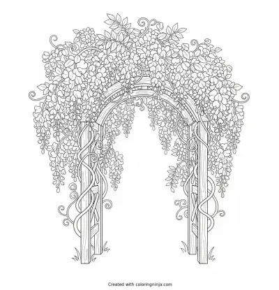 A coloring page of Wisteria Trellis – A wooden arch covered in hanging, pea-like wisteria blossoms and twisting vines.