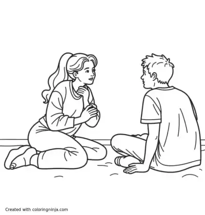 A coloring page of A woman on the floor begging a man not to leave her