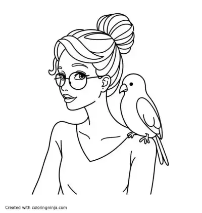 A coloring page of a woman with hair in a bun and glasses with a bird on her shoulder
