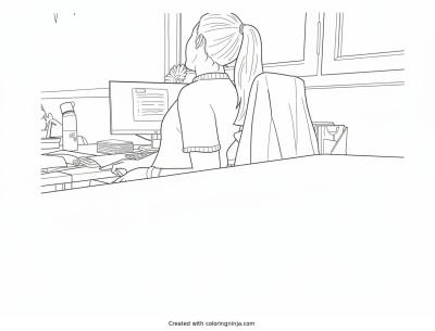 A coloring page of Woman Working at Her Desk
