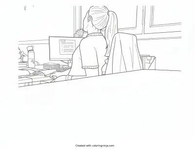 A coloring page of Woman Working at Her Desk