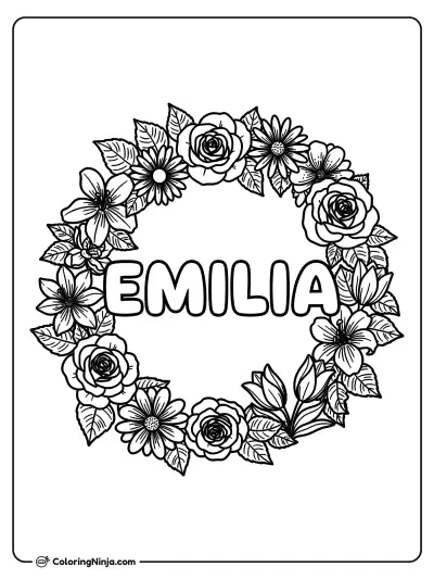 Corona floral con el nombre Emilia