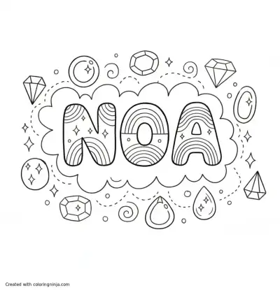 A coloring page of the word "NOA" with rainbows and jems around it