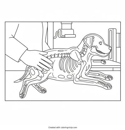 A coloring page of an x ray of a puppy at the vet
